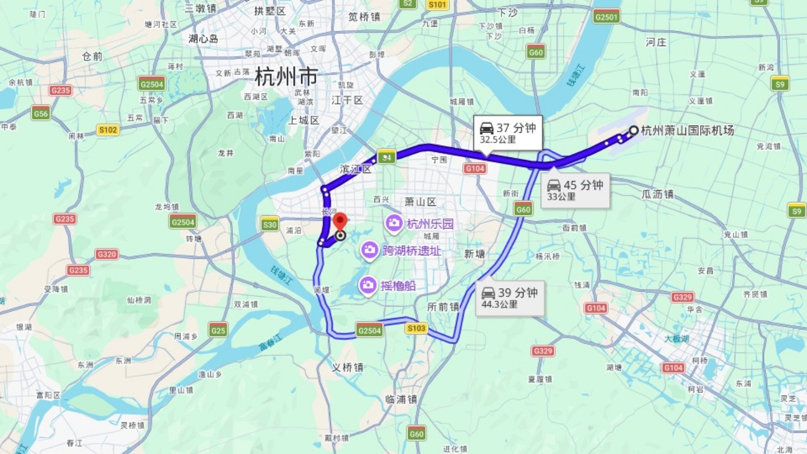 Reference route map from Hangzhou Xiaoshan International Airport to White Horse Lake Jianguo Hotel