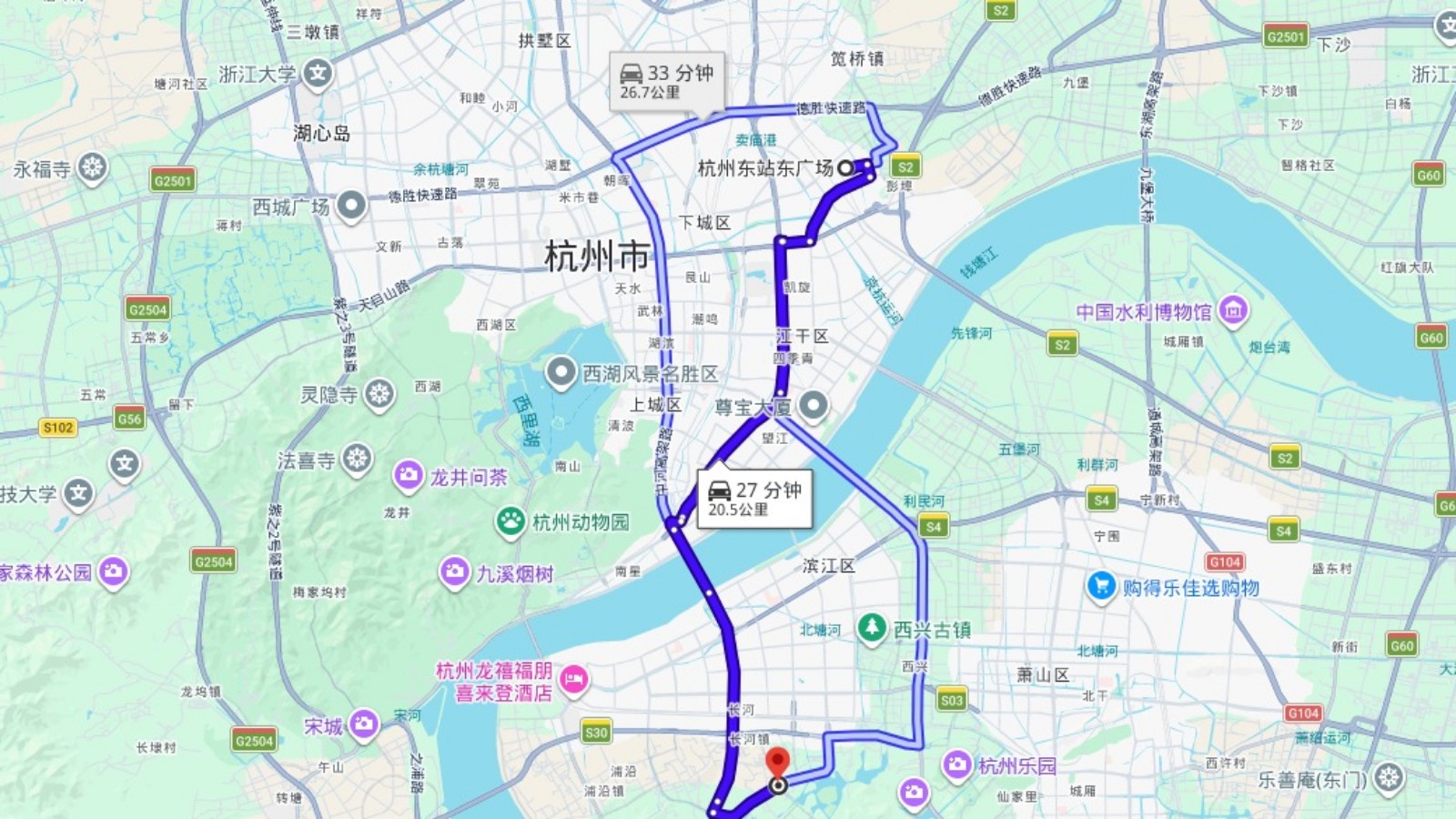 Reference route map from Hangzhou East Railway Station to White Horse Lake Jianguo Hotel
